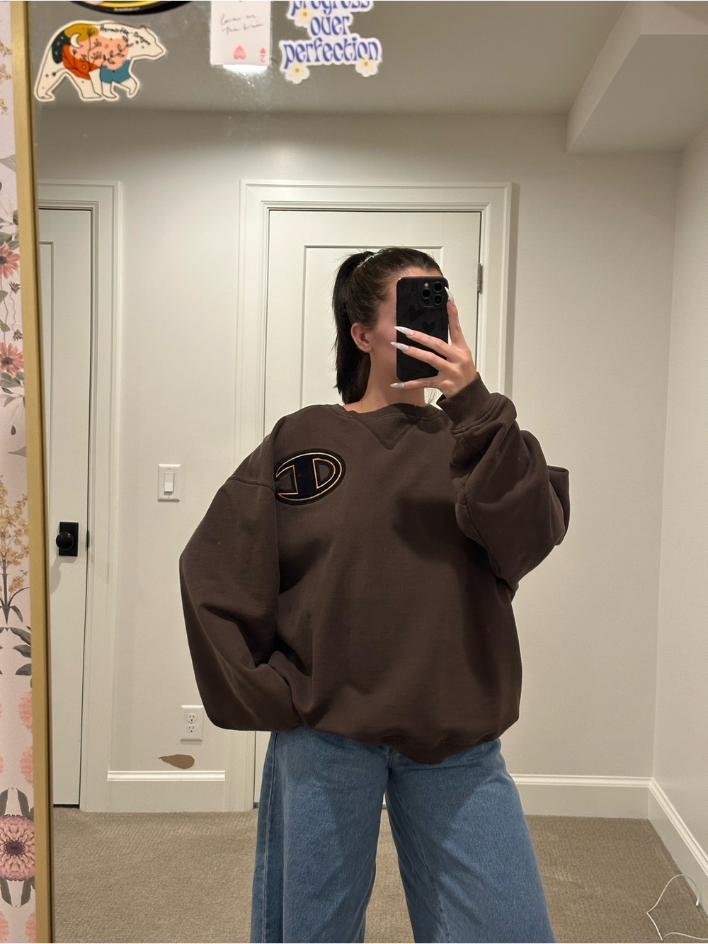 Champion Dark Brown Oversized Crewneck Sweatshirt with Logo